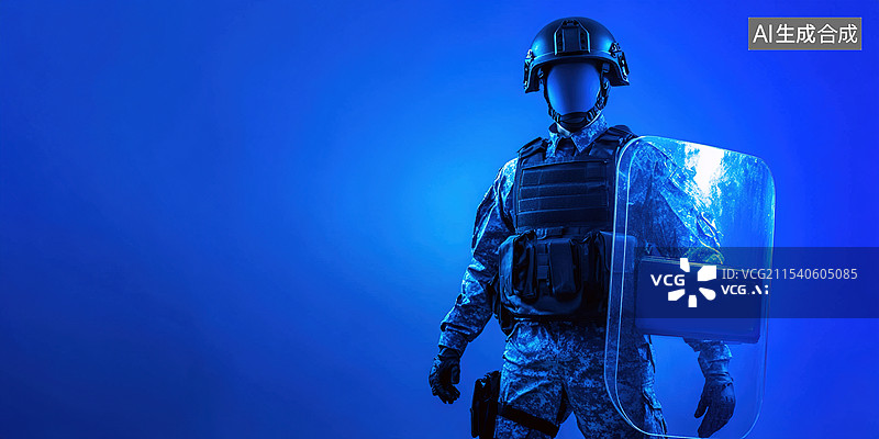 【AI数字艺术】蓝色背景下的人体模型拿着发光透明防暴盾牌尖端安保设备执法部门未来防护装备背景图片素材