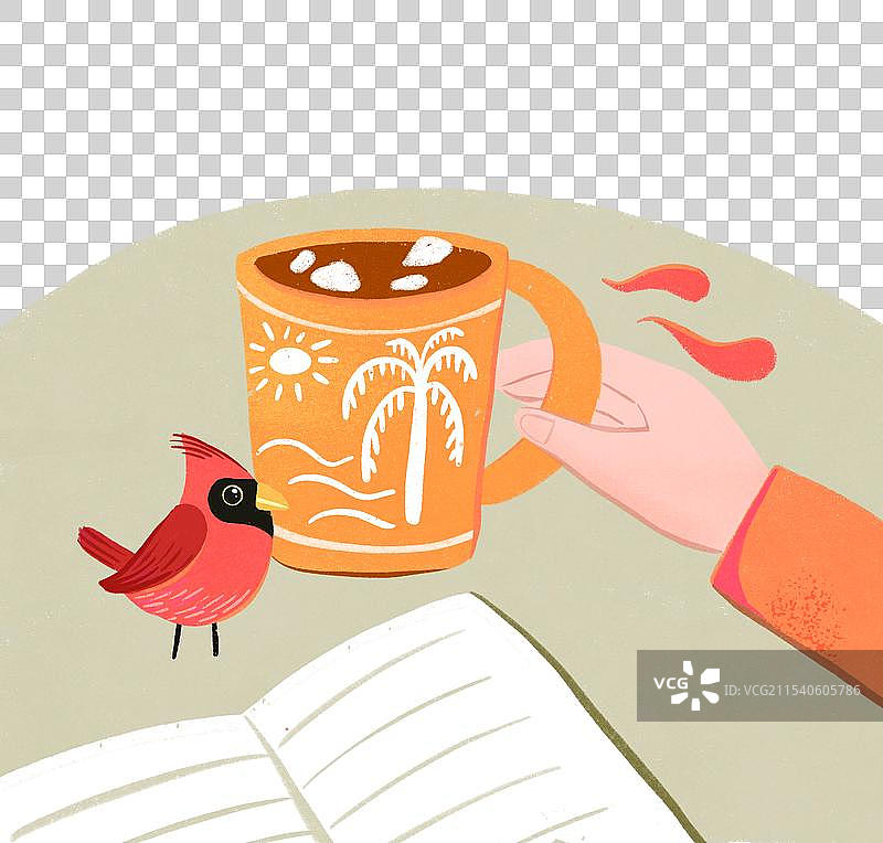 桌前红雀书本和手拿着的马克杯图片素材