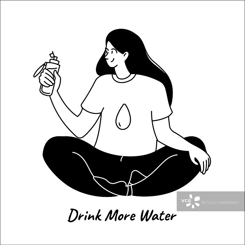 女性在莲花坐姿中饮水的涂鸦黑白图案图片素材