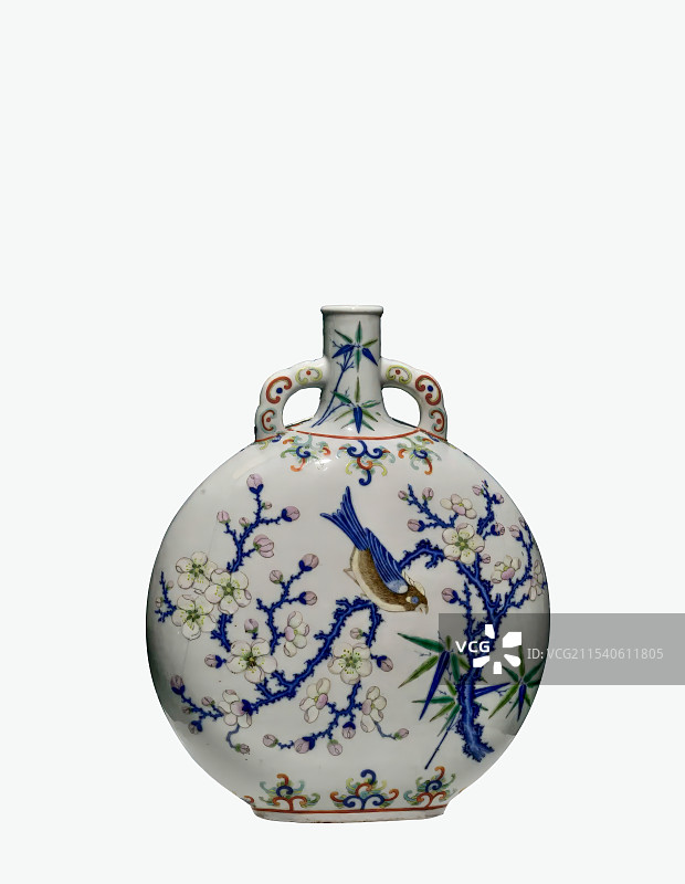 古董，清代瓷器，青花粉彩花鸟纹扁瓶图片素材