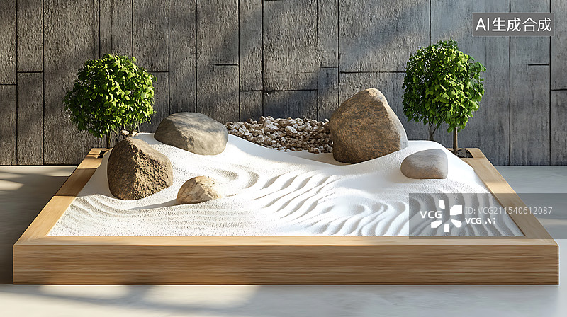 【AI数字艺术】日式禅意白沙子石头景观图片素材