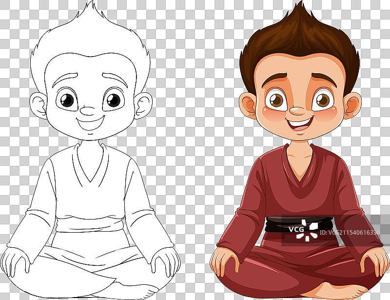 一个穿着空手道服的男孩，彩色素描。图片素材