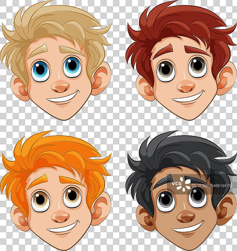 四个发型各异的卡通男孩图片素材