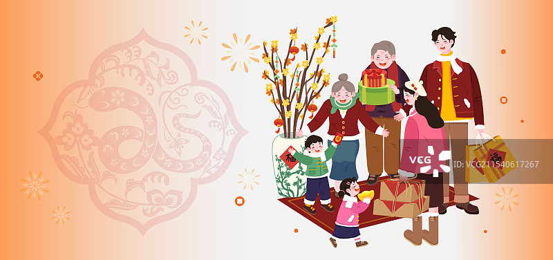 大年初二正月初二回娘家全家福女儿女婿拜年插画图片素材