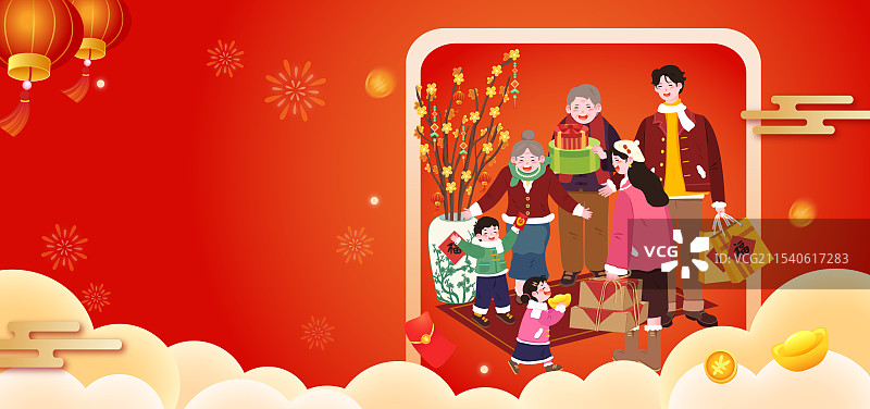 大年初二正月初二回娘家全家福女儿女婿拜年插画图片素材