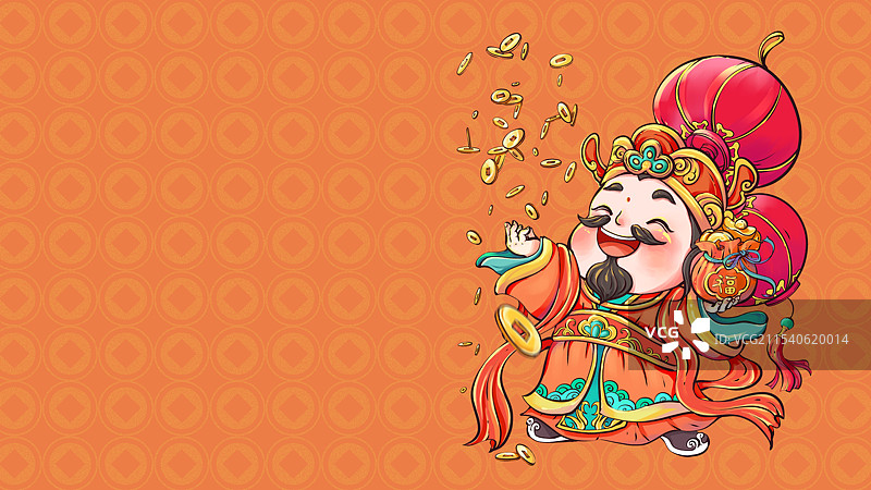 红包财神爷春节新年节日恭喜发财撒金币红灯笼横图图片素材