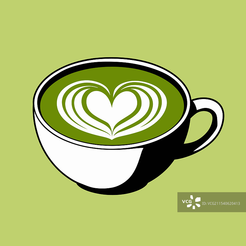 绿杯中的抹茶拿铁，带有心形拉花艺术图片素材