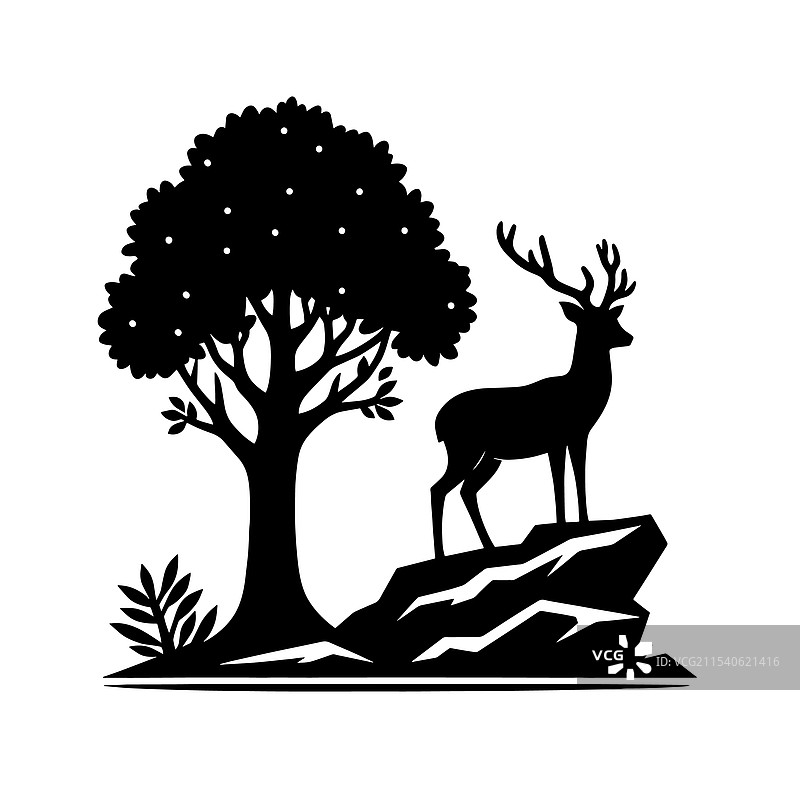 岩石树上的鹿剪影图片素材