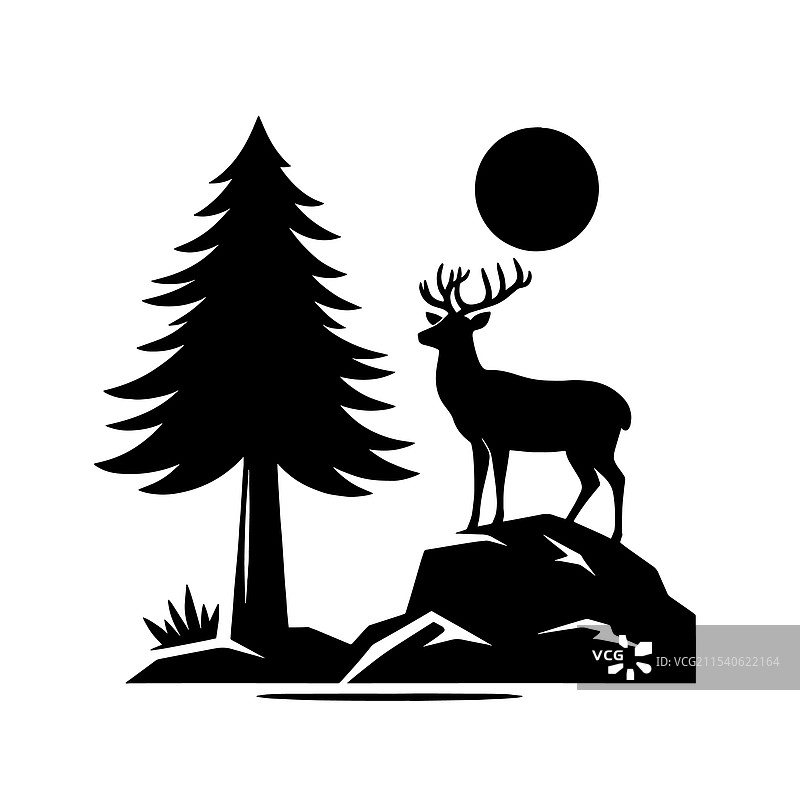 岩石上树木和阳光下的鹿剪影图片素材