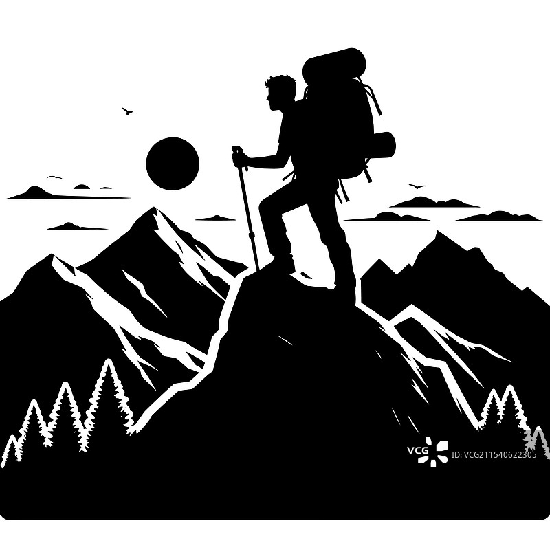 山峰上的徒步旅行者剪影图片素材