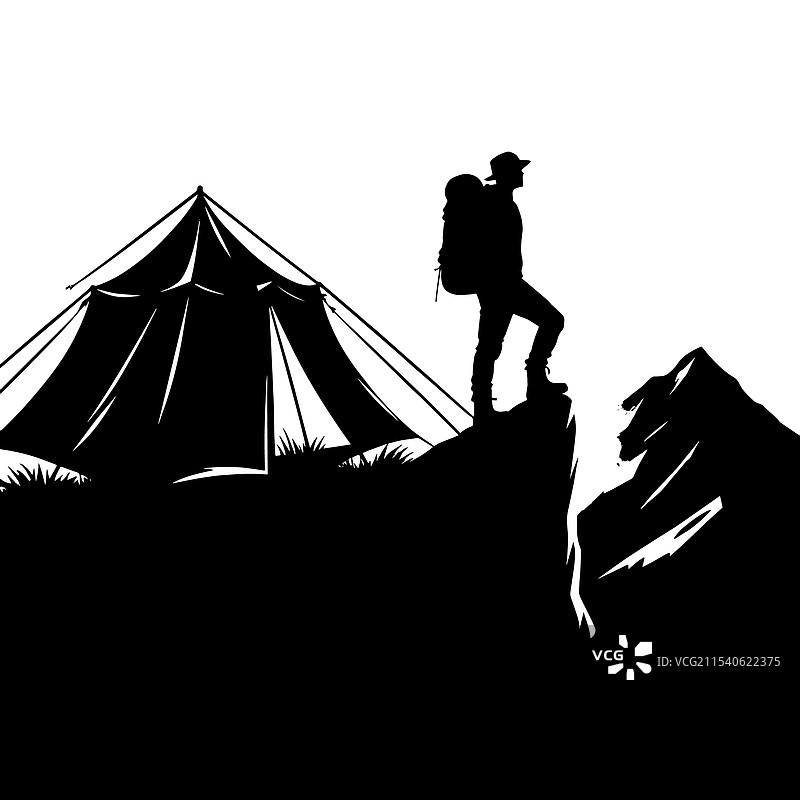 山顶露营帐篷旁的徒步旅行者剪影图片素材