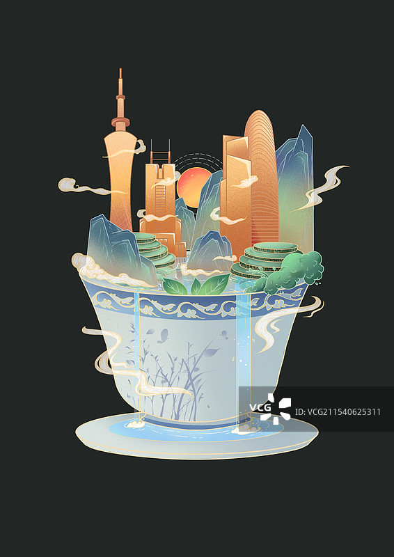 茶碗上的城市图片素材