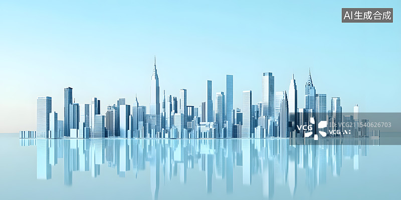 【AI数字艺术】3D渲染抽象极简白色城市建筑概念图城市天际线水面倒影反射天空无人商务背景金融设计素材图片素材