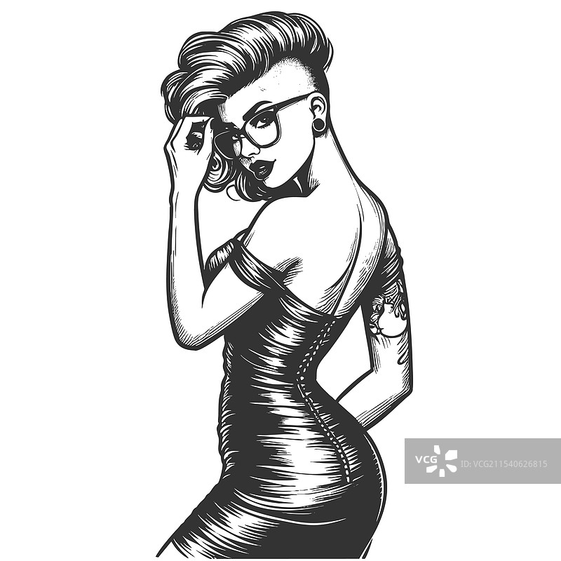 朋克女性戴着莫霍克发型，正在调整眼镜图片素材