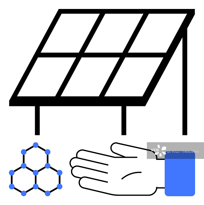 带有分子结构和手的太阳能电池板图片素材