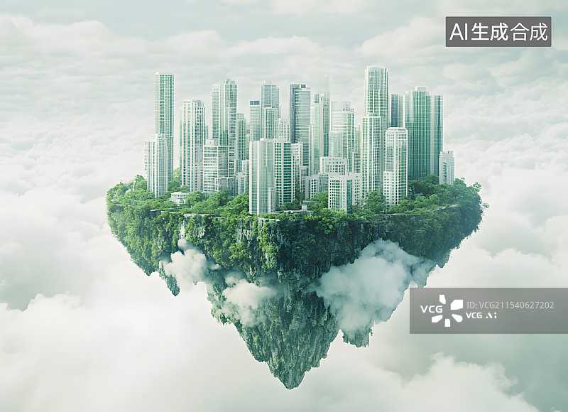 【AI数字艺术】云雾中悬浮的绿色小岛和城市建筑群摩天大楼城市天际线，绿色环保低碳可持续发展未来概念图图片素材