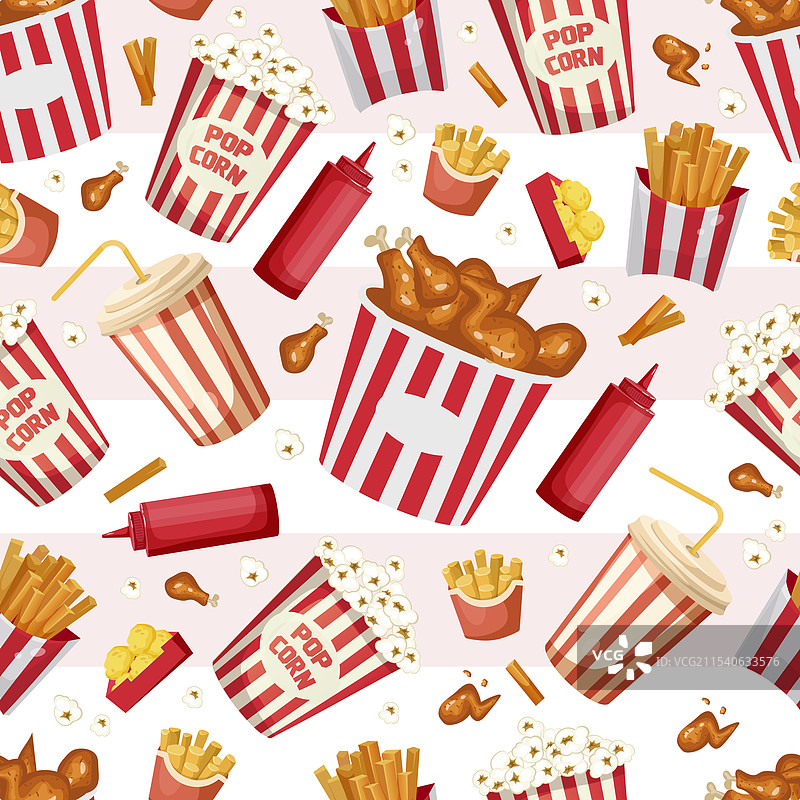 快餐图案，包含爆米花、薯条和饮料图片素材