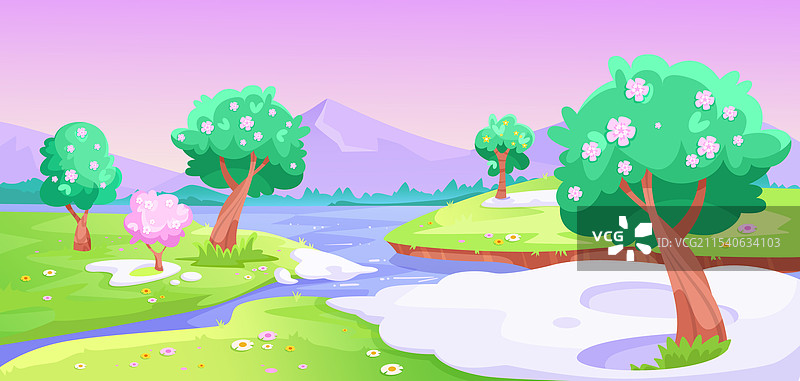 田园诗般的春季风景，盛开的树木和图片素材