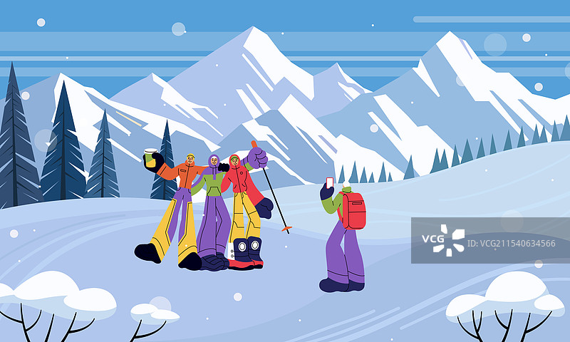 雪山中的情侣在寒冷的大自然中旅行图片素材