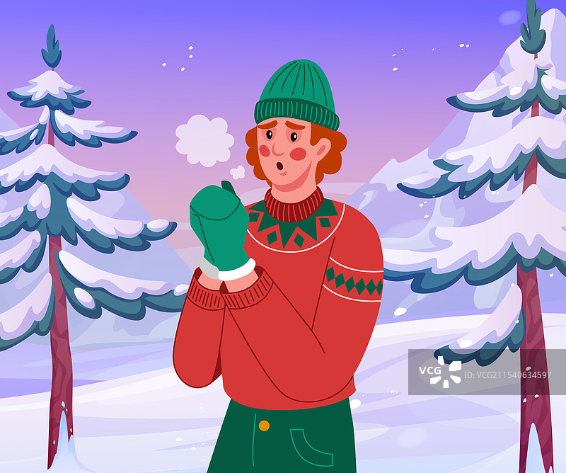 冬季自然中，男人在雪林里瑟瑟发抖，感到寒冷图片素材