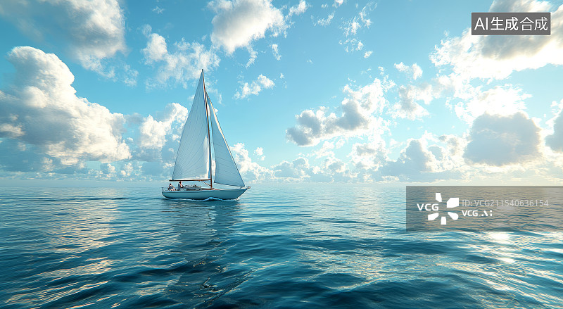 【AI数字艺术】蓝天白云下行驶在海上的帆船图片素材