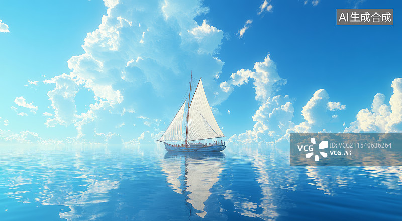 【AI数字艺术】蓝天白云下行驶在海上的帆船图片素材
