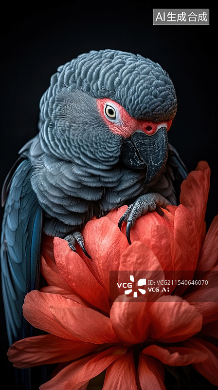 【AI数字艺术】灰鹦鹉与牡丹花图片素材