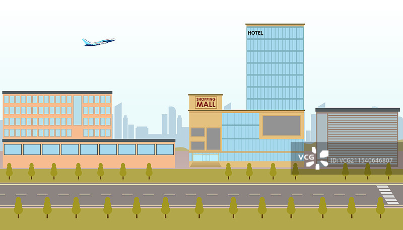 城市景观，包含办公楼、购物中心、酒店和天际线插图图片素材