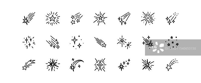 手绘的涂鸦星星、彗星、小行星图标集图片素材