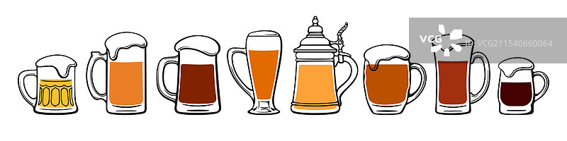 一套手绘的各种啤酒杯大图图片素材