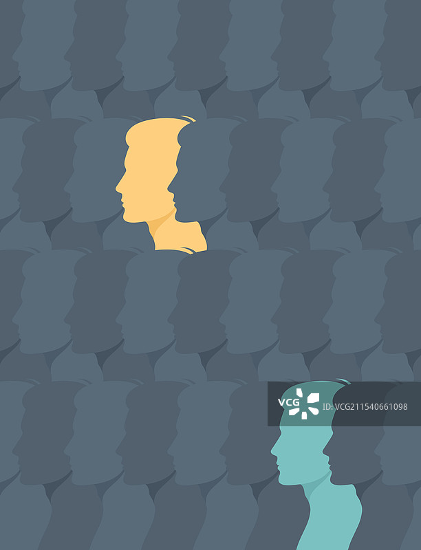 在人群中，彩色的人类侧面轮廓与灰色背景形成对比图片素材