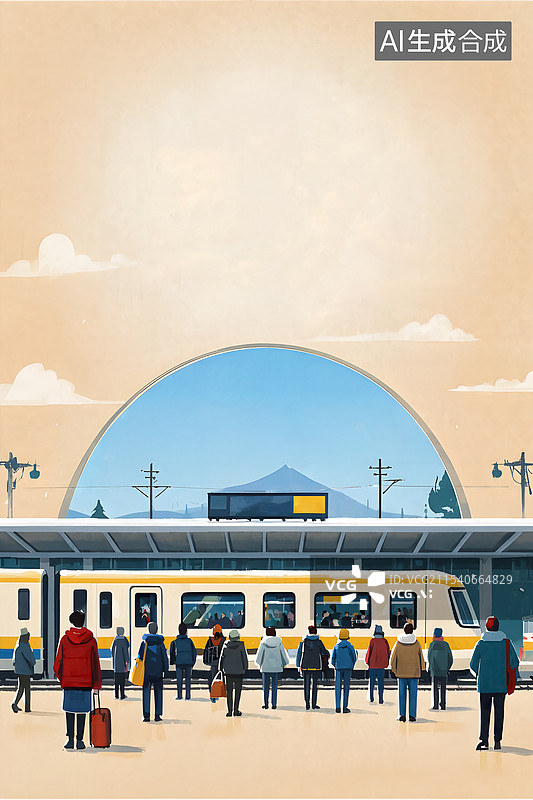 【AI数字艺术】春运来临，人们在火车站等候高铁准备回家图片素材