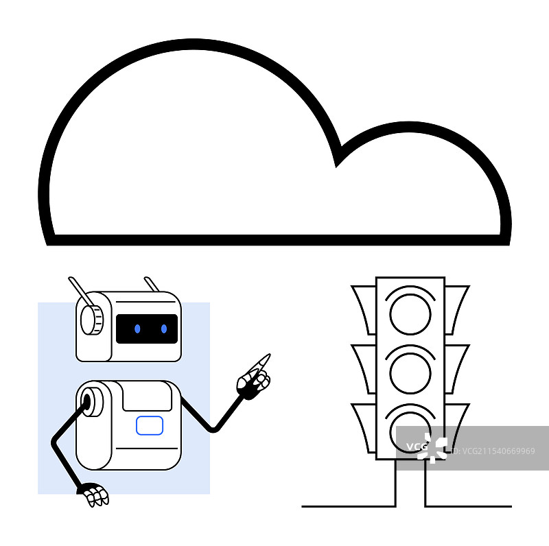 机器人朝着云下的交通信号灯做手势图片素材