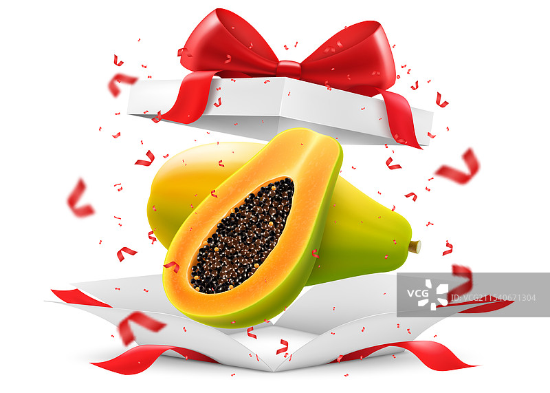 带红色蝴蝶结的打开礼品盒中的木瓜，背景为白色。图片素材