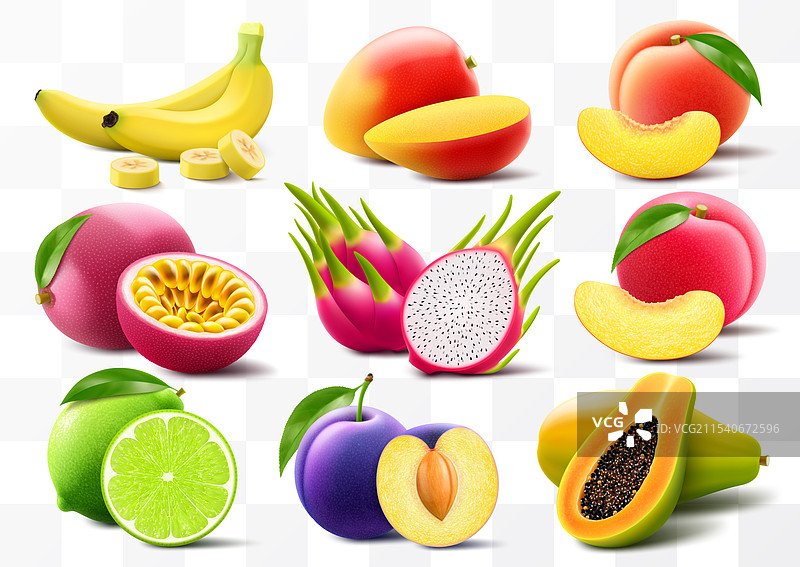 一组异国水果：香蕉、芒果、桃子、百香果图片素材