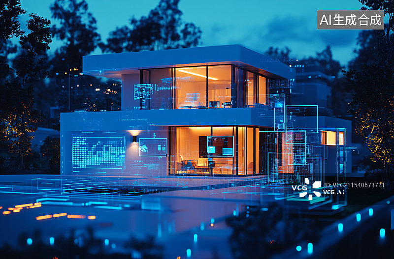 【AI数字艺术】夜晚的未来感别墅，闪烁的全息影像，配备先进的智能家居技术和物联网整合，打造创新且互联的生活体验。图片素材