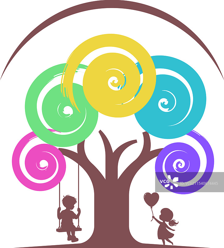 孩子们在五彩缤纷的螺旋树下玩耍图片素材