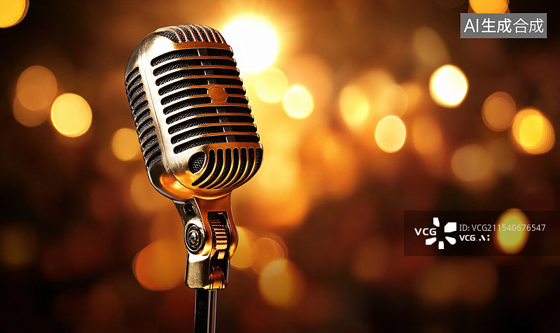 【AI数字艺术】麦克风放置在充满活力的KTV舞台上，周围是动感的灯光，营造出适合表演和音乐活动的能量十足的演唱会氛围图片素材