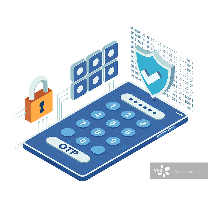 等距视角的智能手机，带有一次性密码安全功能图片素材