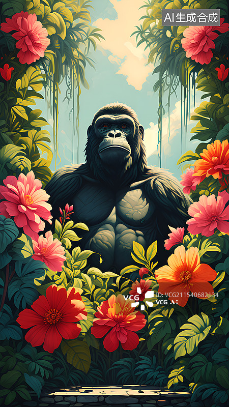 【AI数字艺术】在花丛中的黑色大猩猩图片素材