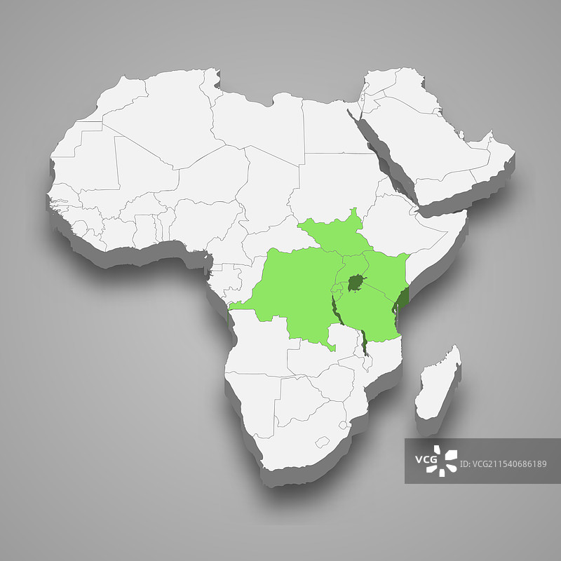 东非共同体在非洲的位置 3D图片素材