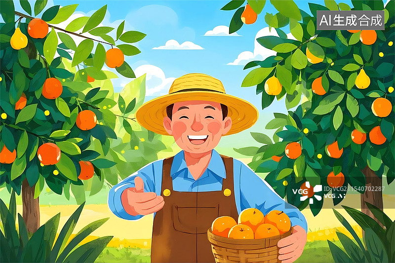 【AI数字艺术】微笑的男人拿着篮子里的桔子图片素材
