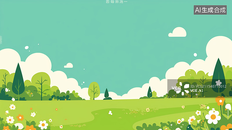 【AI数字艺术】春天户外绿色草地风景扁平风插画图片素材