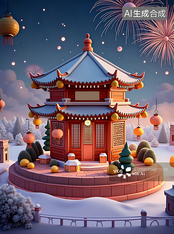 【AI数字艺术】瑞雪祥瑞中国亭图片素材