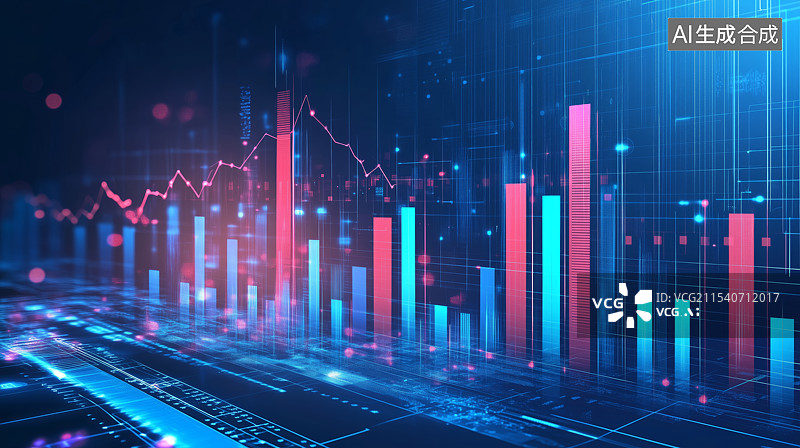【AI数字艺术】蓝色发光金融柱状图图表概念背景图片素材