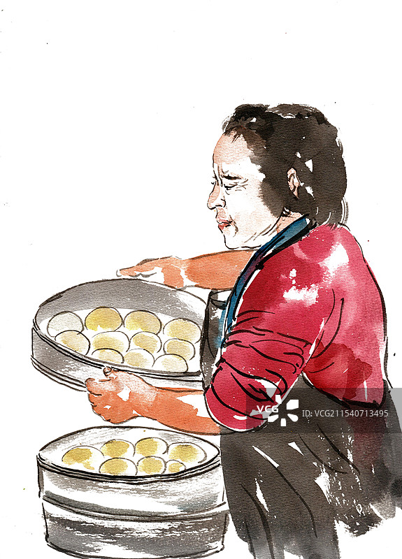 蒸馒头的女子图片素材