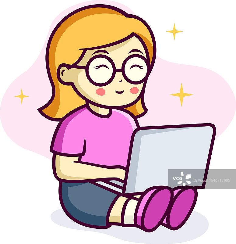 可爱的小女孩在玩笔记本电脑的卡通形象图片素材