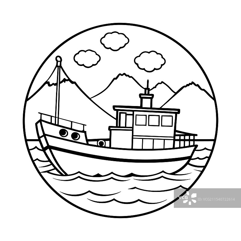 圆形中有山脉和云彩的船图片素材