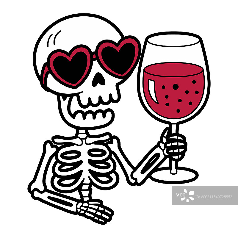 拿着酒杯的骷髅，佩戴着心形太阳镜图片素材