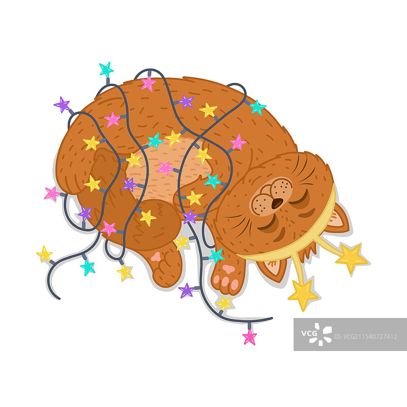 一只可爱的猫被灯串缠住了。图片素材